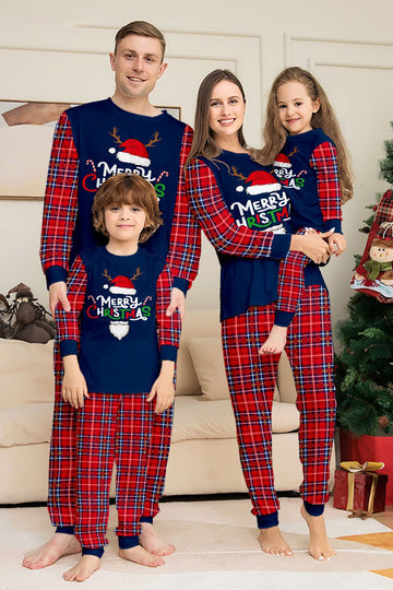 Ensemble de pyjama de Noël rouge marine à carreaux à manches longues